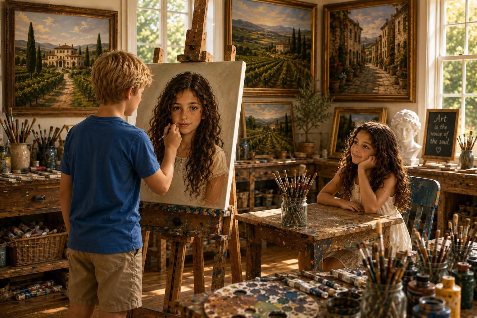 Illustrated promotional artwork imagining Katie and Charlie as children, painting each other's portraits in an art studio surrounded by paintings of the Tuscan countryside.